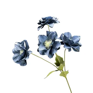 Single stem artificial anemone with four blue flower heads for home wedding decor