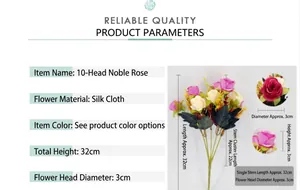 Detail specifications of 10-head artificial silk roses showing 32cm height and 3cm buds