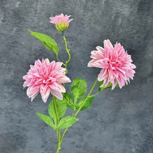 3 Heads Artificial Dahlia Flowers Simulation Silk Fabric Dahlia Long Stem Faux Flowers For Home Wedding Decoration Photography Props