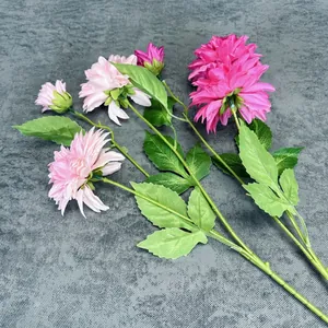 Three-head artificial dahlia spray with silk pink petals and lifelike green leaves for decor