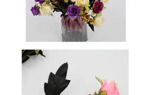 Gros plan de roses artificielles en soie et feuilles sombres dans un vase en verre