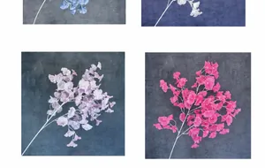 Detailed comparison of artificial flower stems in foggy blue, champagne, pink, and rose red