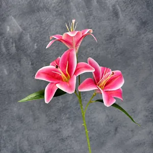 58cm lifelike 3D film lily with three pink flower heads for wedding home decoration
