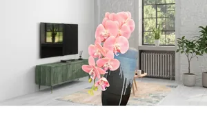Detail of 3D printed pink butterfly orchids in a textured blue-black gradient vase