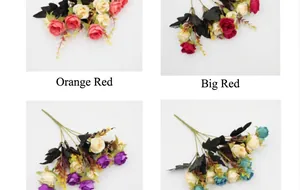 Detail view of artificial 10-head roses in orange, red, purple and lake blue silk colors