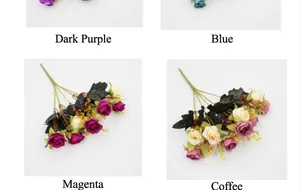 Detail view of 10-head artificial silk roses in dark purple blue and red shades