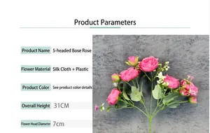 Detailed view of pink silk Persian rose bouquet with five realistic blooming flower heads