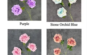 Dettaglio di rose artificiali in seta in viola, azzurro, rosa e color champagne