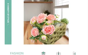 Detailed view of pink artificial peony bouquet in a woven flower basket for home decor