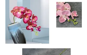Detail of 3D printed purple phalaenopsis orchid petals in a blue ceramic vase