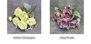 Detail of multi-head peony bouquets in yellow champagne and deep purple colors