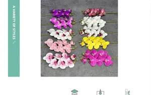 Flat lay of artificial orchid stems in 10 different colors on a textured grey background