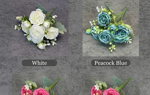 Grid view of multi-color artificial peony bouquets including white and peacock blue silk flowers