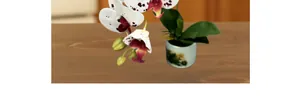 Detail of white and purple spotted artificial orchids in a painted ceramic pot