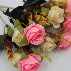 Bouquet de 10 roses artificielles rose et crème pour décoration de mariage et maison
