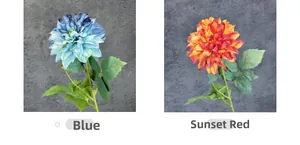 Close-up of Blue and Sunset Red artificial dahlia flowers with realistic silk petals