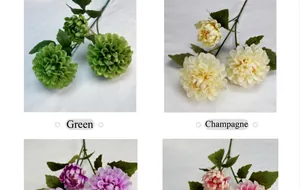Detailansicht künstlicher Dahlien in Grün und Champagner mit grünen Blättern im Vier-Raster-Layout