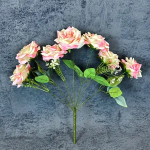 Bouquet di 7 rose finte rosa crema per decorazioni di nozze e casa, altezza 41 cm