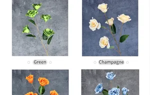 Vista dettagliata di fiori finti di Eustoma in verde, champagne, arancione e blu