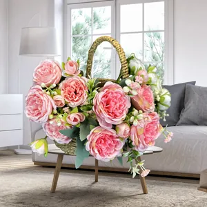 Bouquet de Pivoines et Roses Artificielles 5 Têtes en Tissu Aspect Soie Fleurs Artificielles pour Mariage Maison Fête Rose Persane