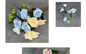 Vista dettagliata di fiori di seta artificiale Eustoma nei toni blu, rosa e champagne