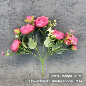 Pink artificial peony bouquet for wedding home decor, height 31cm flower head 7cm