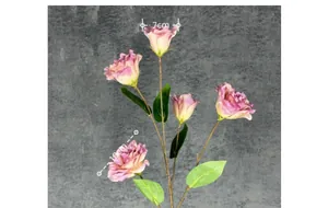 Detailansicht künstlicher Eustoma-Zweig mit fünf lila-rosa Blütenköpfen und Knospen