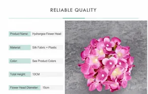 Detail showing deep pink silk hydrangea head dimensions with 15cm diameter and 10cm height