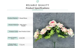 Detailed size chart of 7-head silk roses featuring 43cm height and 15cm flower diameter