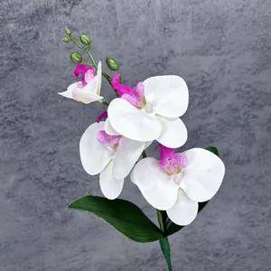 Artificial 4-head white orchid spray with pink centers and green leaves, 37cm tall