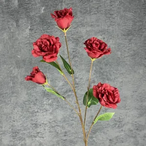 Dunkelrote künstliche Lisianthus-Seidenblumen mit 5 Köpfen für Heim- und Hochzeitsdeko