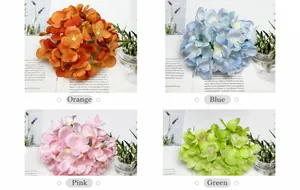 Detailed grid of artificial hydrangea heads in orange, blue, pink and green fabric