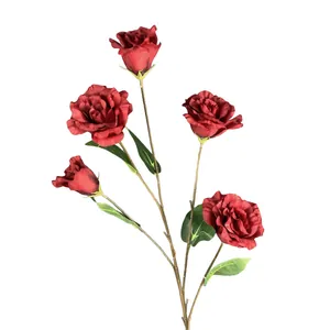 Dunkelroter künstlicher Lisianthus-Strauß mit fünf naturgetreuen Seidenblumenköpfen auf Weiß