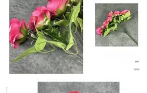 Detailed view of pink artificial rose bouquet with lifelike petals and green leaves