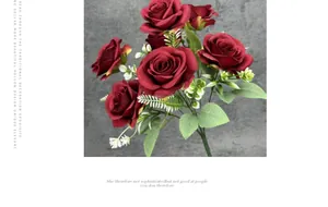 Macro detail of artificial 7-head red roses with realistic silk petals and green leaves