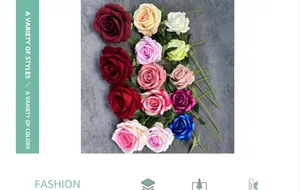 Flat lay of artificial velvet roses in multiple colors for wedding and home decoration