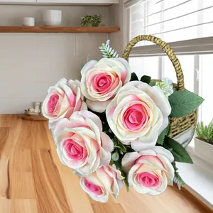 Artificial 7-head rose bouquet in pink and white gradient for wedding home decor