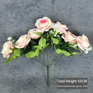 Artificial 7-head pink rose bouquet with 43cm height for wedding home decoration