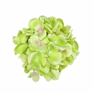 Testa di ortensia artificiale da 15cm in seta verde con sfumature rosa e dettagli perlati