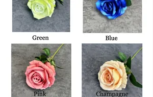 Close-up of velvet artificial roses in blue, green, and pink with detailed petal textures