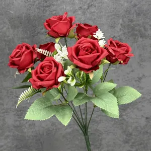 Artificial 7-head red rose bouquet with realistic silk petals for wedding home decor