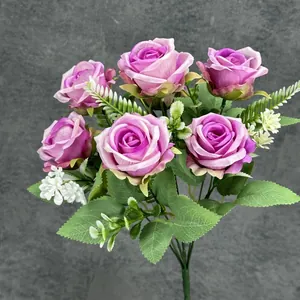 Lifelike purple 7-head rose bouquet with silk petals for elegant home or wedding decor