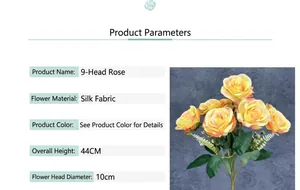 Detail view of artificial 9-head roses in silk fabric with 10cm flower head diameter