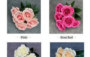 Detail view of artificial rose bouquets in pink, rose red, white and champagne shades