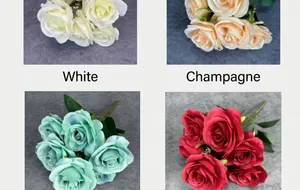 Detailed grid of artificial roses in white, champagne, teal, and red for home decor