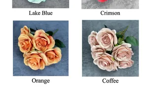 Detail view of 9-head artificial silk roses in lake blue, red, orange, and coffee brown
