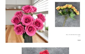 Detail of 9-head artificial silk rose bouquet with vibrant petals and green leaves