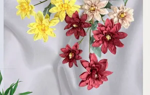 Dettaglio di dalie artificiali in giallo, rosso vino e rosa con petali di seta