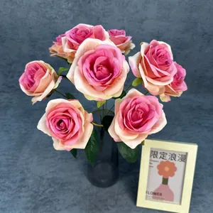 Bouquet de 9 roses artificielles dégradé rose avec vase en verre pour décoration