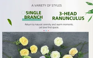 Detailed view of single stem artificial ranunculus featuring three lifelike flower heads
